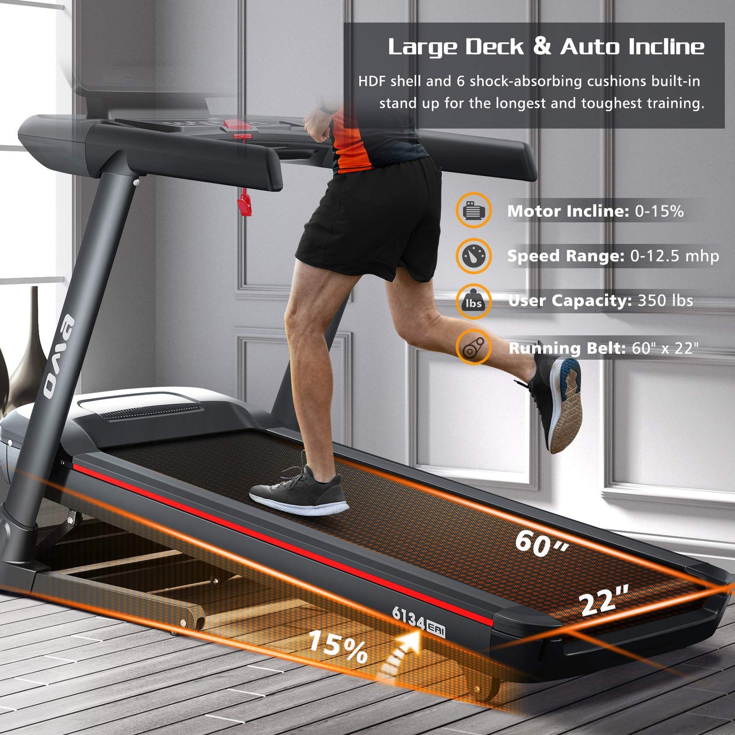OMA Treadmills for Home, 6134 Folding Treadmill with 15% Auto Incline 350 lb Capacity for Running with Bluetooth Connectivity Smart APP 36 Preset Programs, Running Walking Machine for Home Exercise